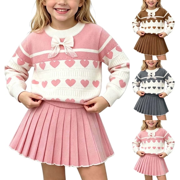 Agkizg Kids Girls Clothing Set Pullover 2 Piece Outfit Knit Crewneck Top Midi Skirt Casual Set