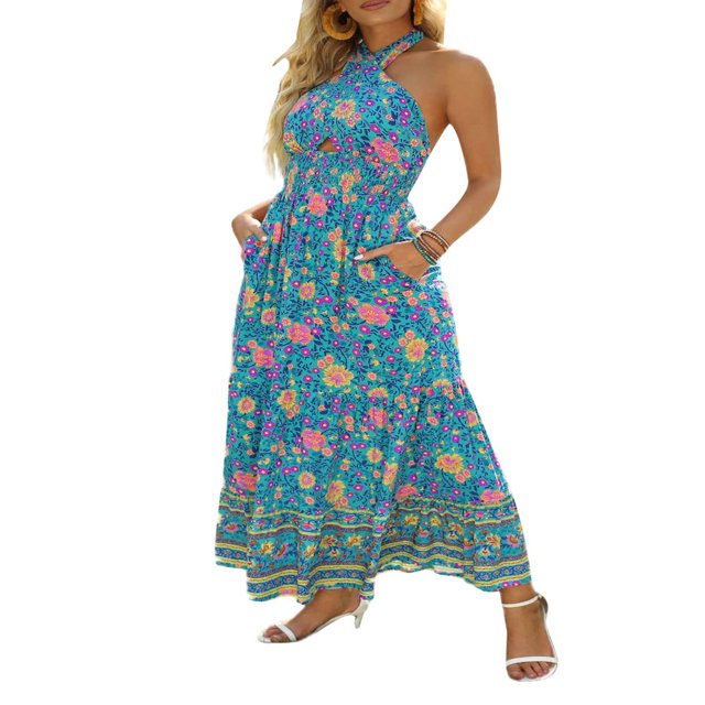 Femmes Été Crossover Licol Cou Sans Manches Plaid Coupé Dos Flowy une Ligne Maxi Robe Rose XL