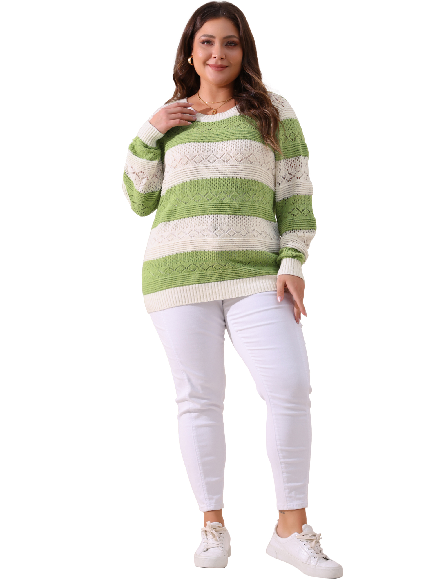 DARING DIVA Plus Size Long Sleeve Crewneck Hollow Knit Pullover 2X Green White