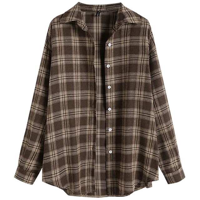 Women's Plaid Long Sleeve Button Down Wool Blend Shirt Jacket Blouse