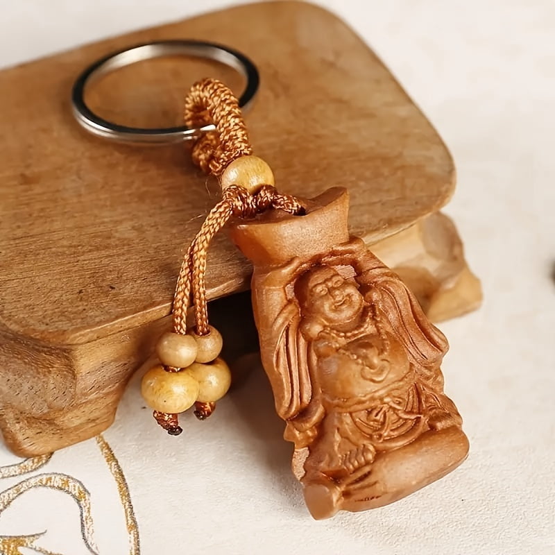 Men's Nature Mahogany Carving Key Ring, Details of the Buddha Stature Design, Business Style -DURable Wood and Metal Ring Accessories, Wealth Symbols | Spiri Tual Embellishment | Unique Key Ring