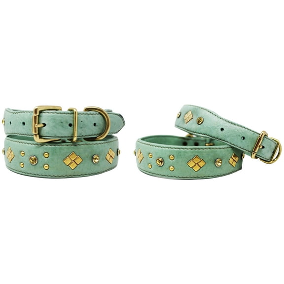 Small 13''- 17'' Soft Genuine Leather Rhinestone Padded Dog Puppy Collar 60AA233GR