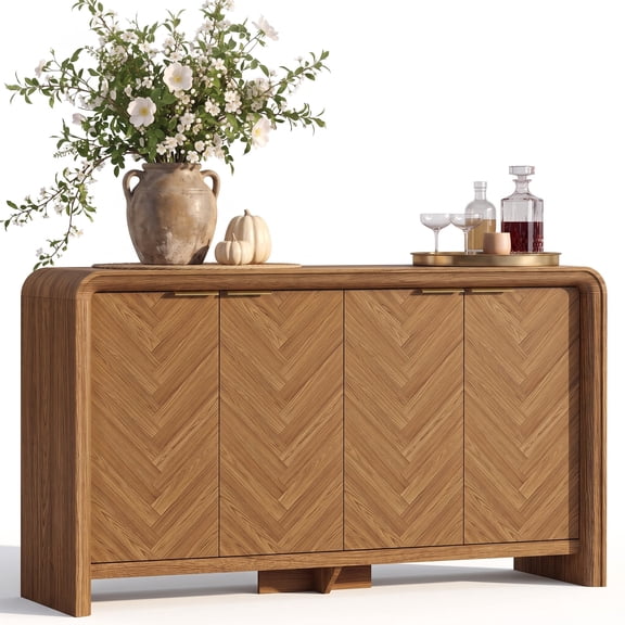 PAPROOS 55" Modern Sideboard Cabinet, 4-Door Storage Cabinet with 2 Adjustable Shelves, Herringbone Wood Design for Living Room, Dining Room
