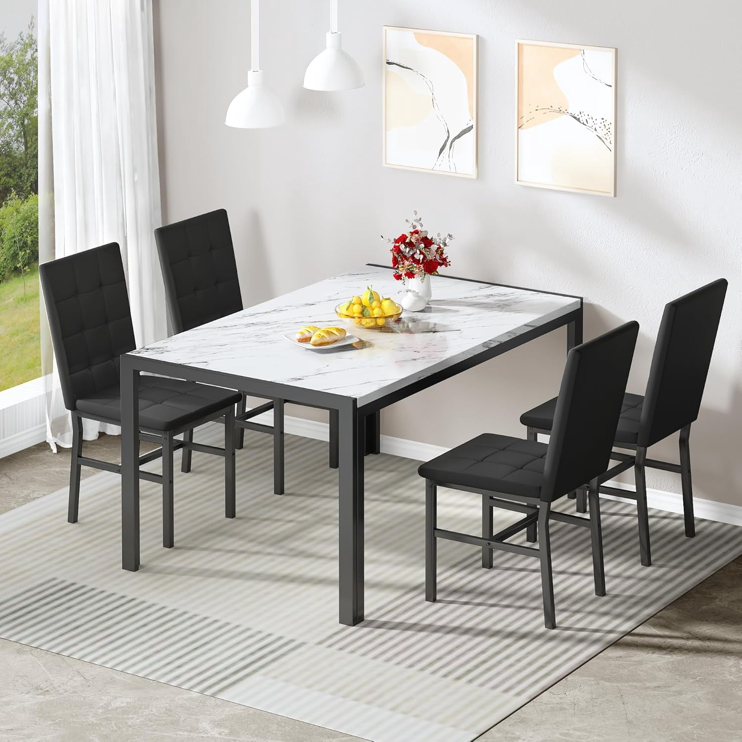 LinkRomat 5-Piece Faux Marble Dining Table Set for 4, Modern Kitchen Table with Chairs, Dinette Dining Room Furniture Set for Compact Space Saving