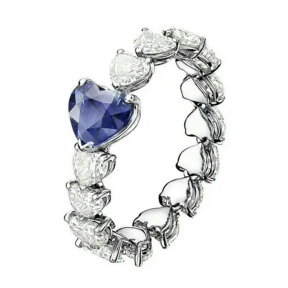 6*6mm Love Heart Blue White Cz Band Women's Stainless Steel Party Ring Size 6-10