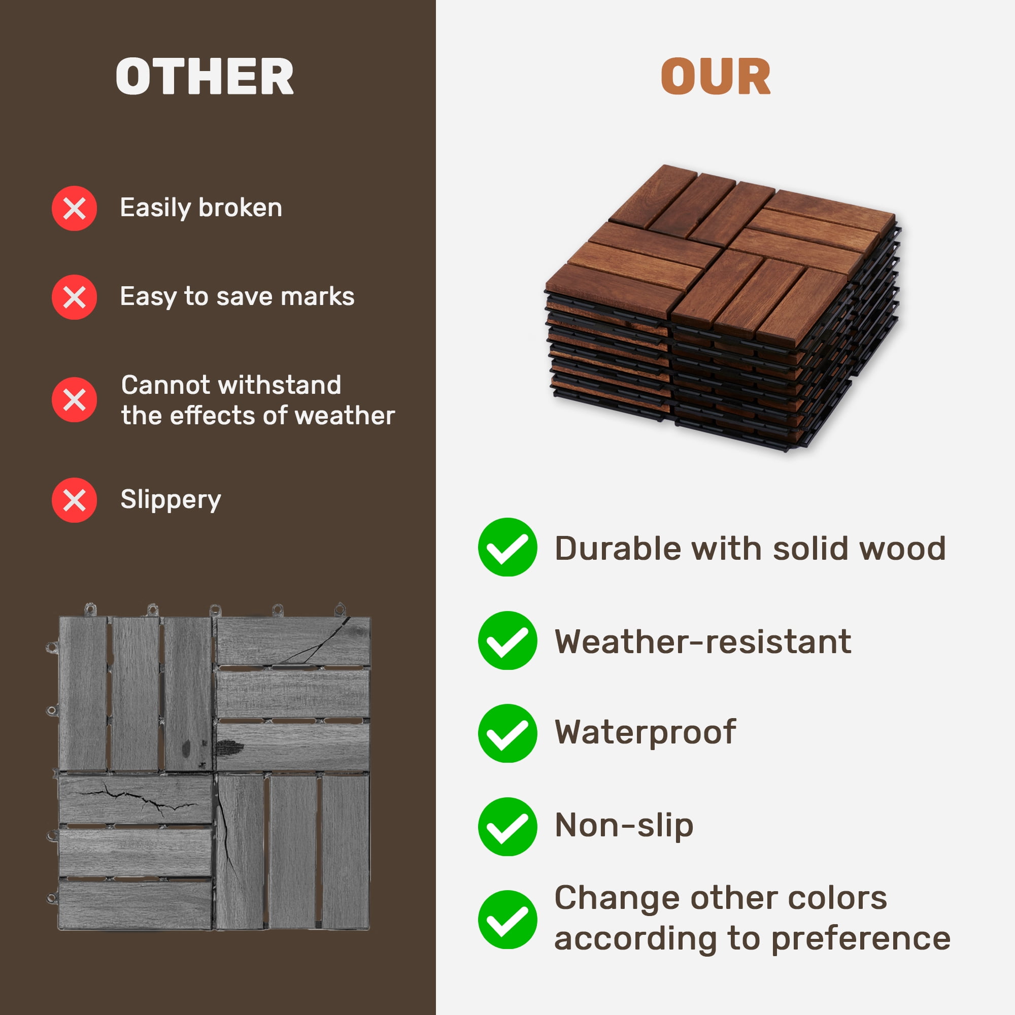 Acacia Wood Deck Tiles, 30 PCS 12x12 Inch Checker Interlocking Floor Tiles for Patio Garden Outdoor Space, Natural