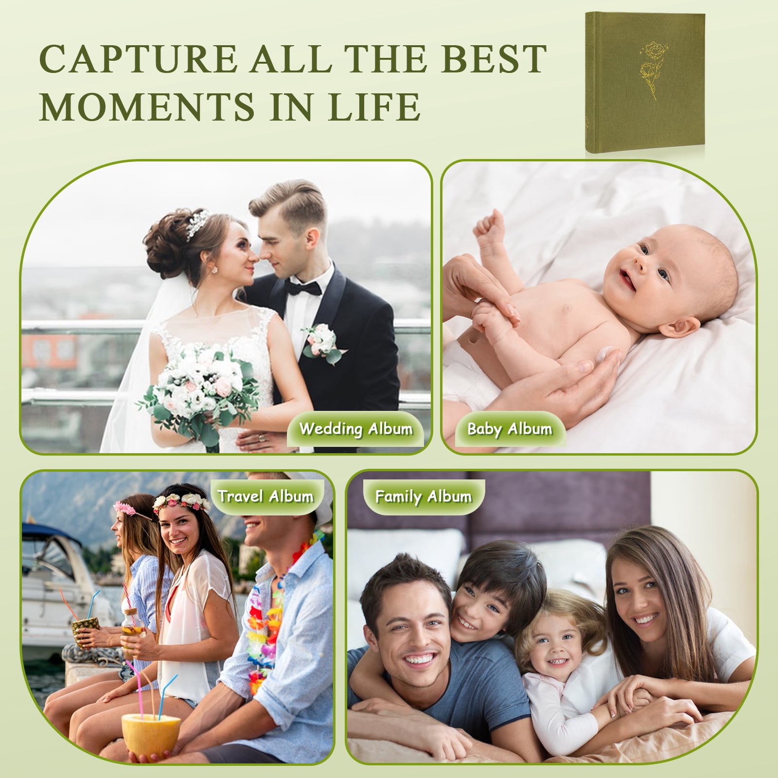 Customizable Scrapbook Album with Writing Space - Acid-Free 11.6 x 13 Inch Photo Album for Weddings, Baby, Graduation - Holds 3x5 to 8x10 Photos & Mementos (Olive)