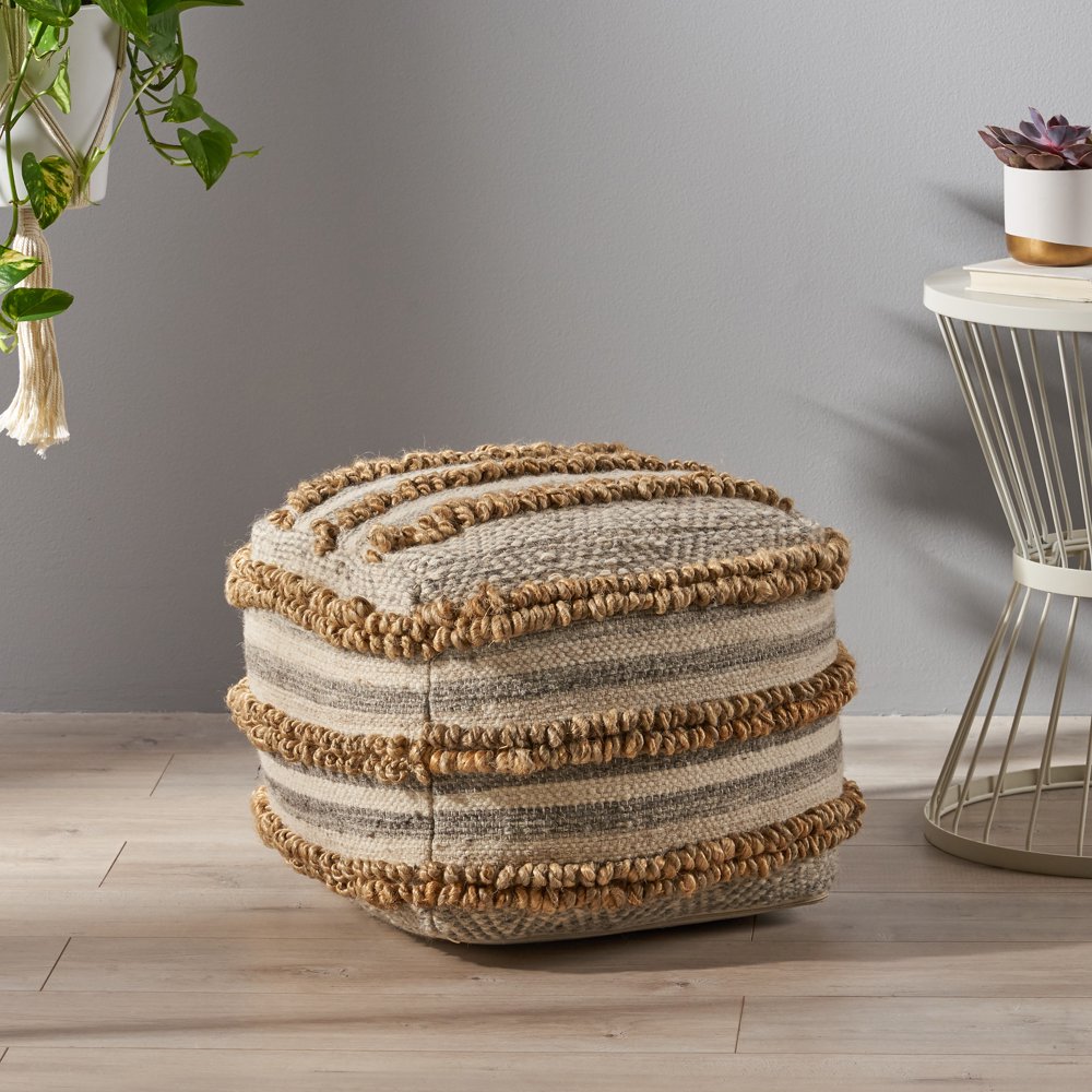 Noble House Augustus Boho Wool Pouf Ottoman, Natural and Gray Walmart