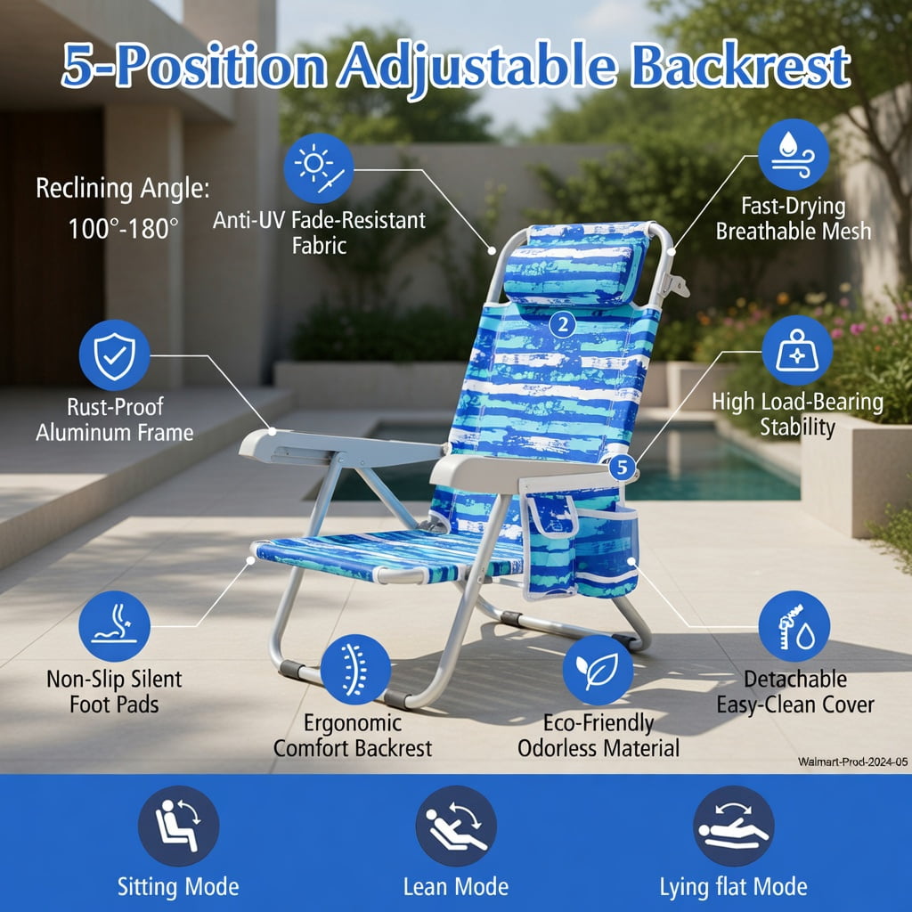Hommoo Foldable Beach Chair with Cup Holder & Storage Pockets, Lightweight Aluminum Frame, Adjustable Backrest, Navy