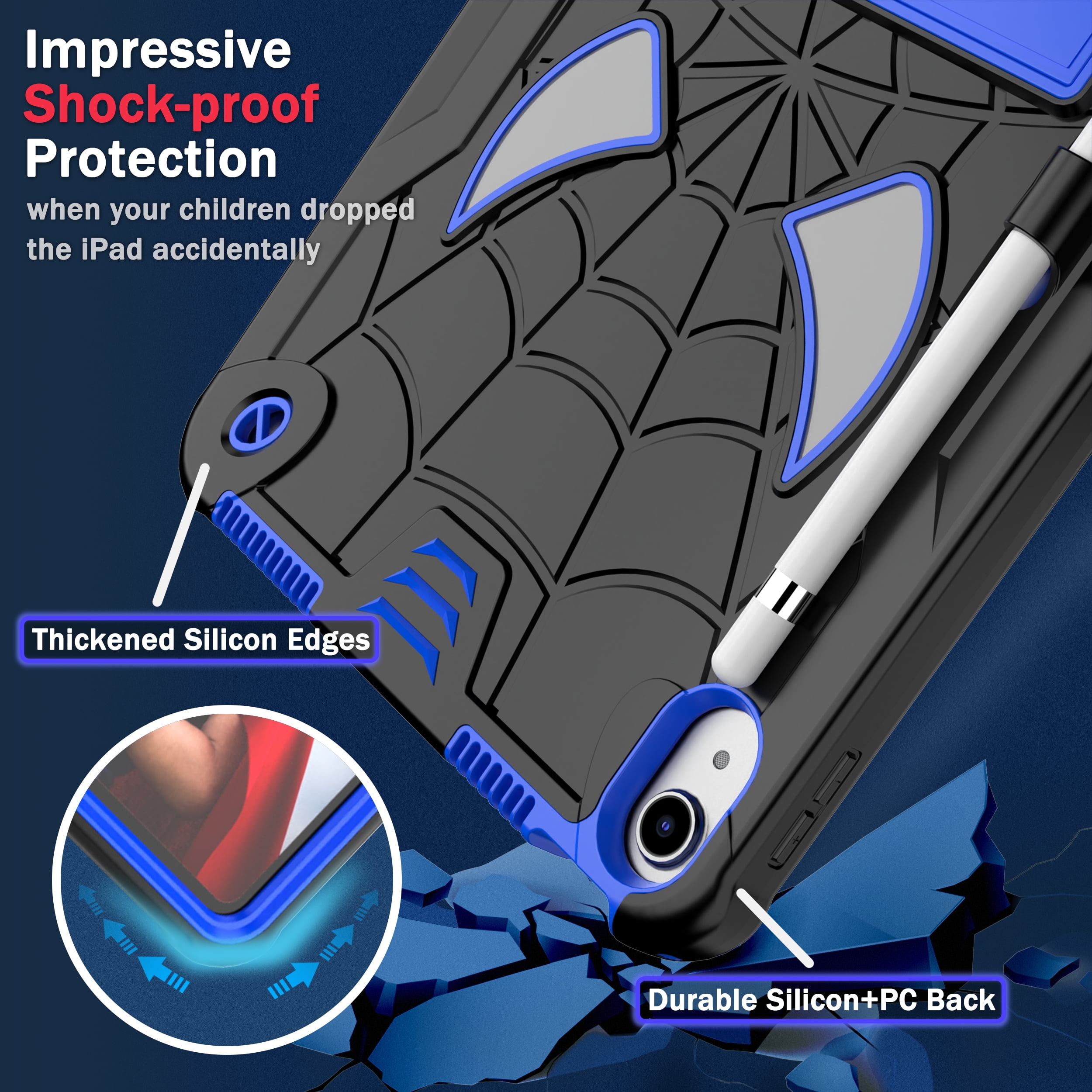 Rugged Shockproof Protective Case for Apple iPad A16 11th Gen 11" 2025 & iPad 10th Gen 10.9" - Heavy Duty 3-Layer Armor, Built-in Kickstand, Shoulder Strap, Pencil Holder, Shock Absorption,Black+Blue