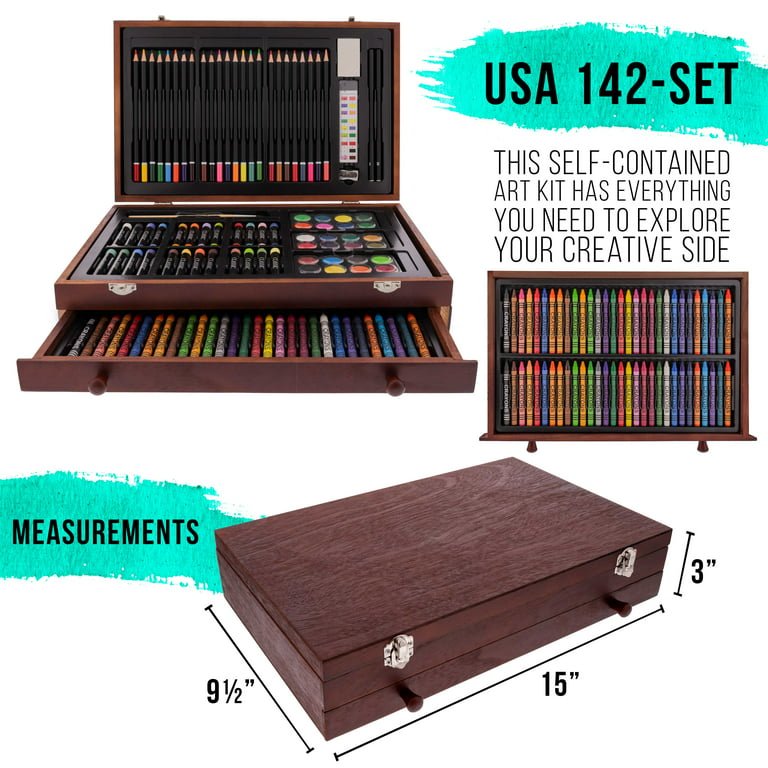 GRANDAN 145 Pieces Deluxe Art Set in Portable Wooden Box Drawing Kit Set  with Oil Pastels, Crayons, Colored Pencils, Watercolor Cakes, Brushes,  Wooden