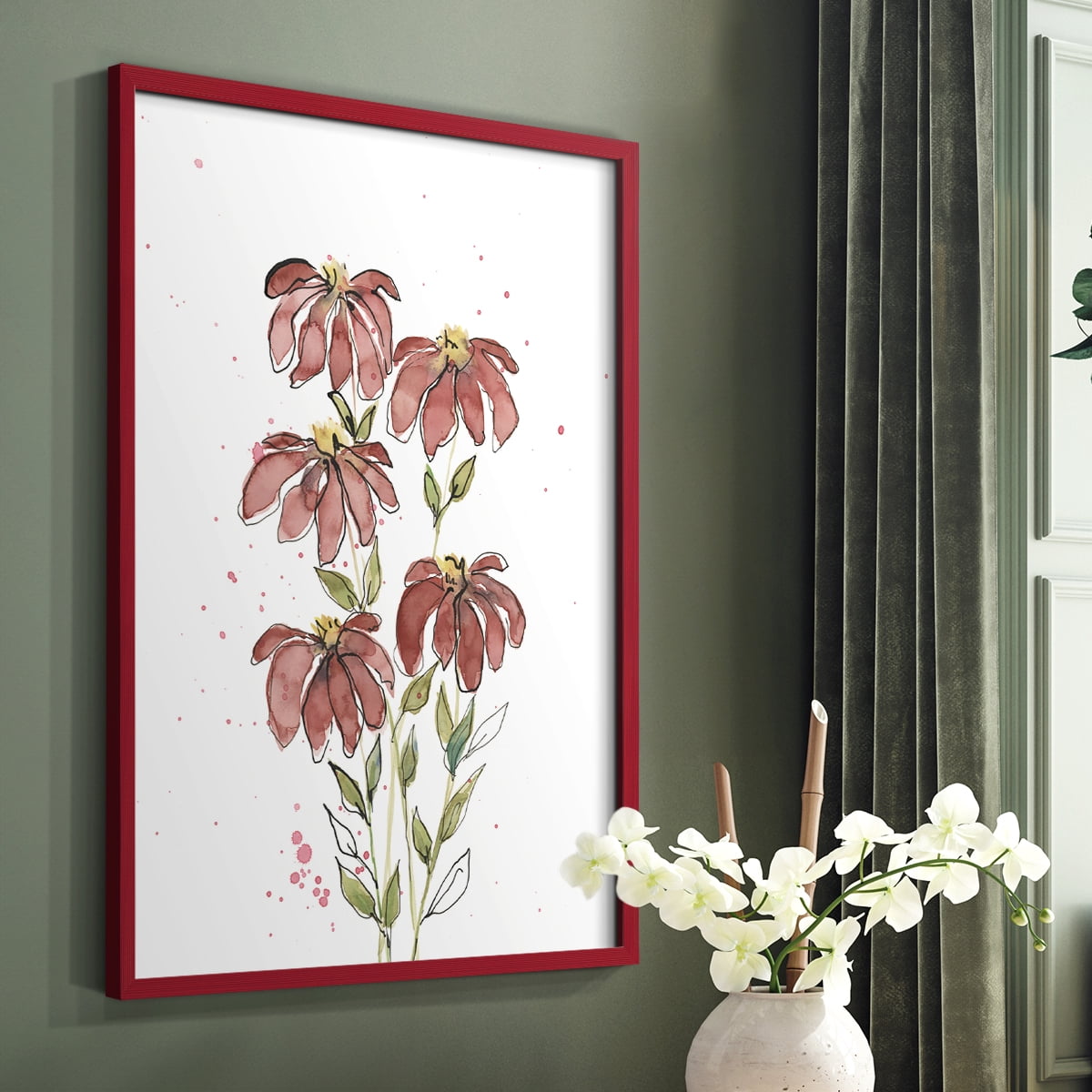 Watercolor Blooms II Framed Print in Red Solid Wood 8 x 10 Framed Print