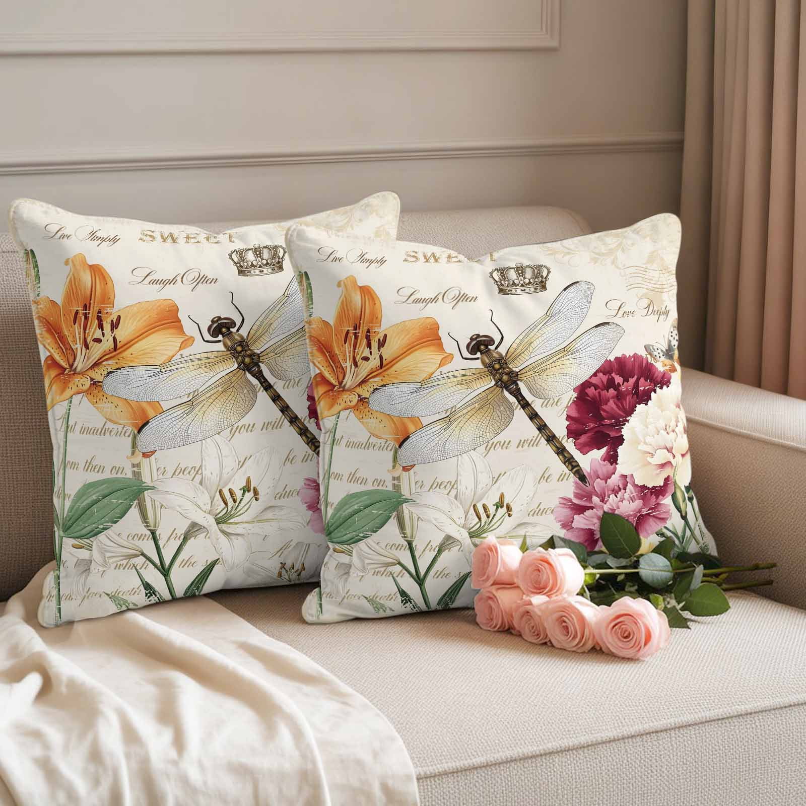 Outdoor Waterproof Pillow Covers Spring Blossom Flower Dragonfly Decorative Throw Pillow Protectors,Pillowcase Cushion Cases for Patio Sofa Garden Couch,16x16in,Pack of 2