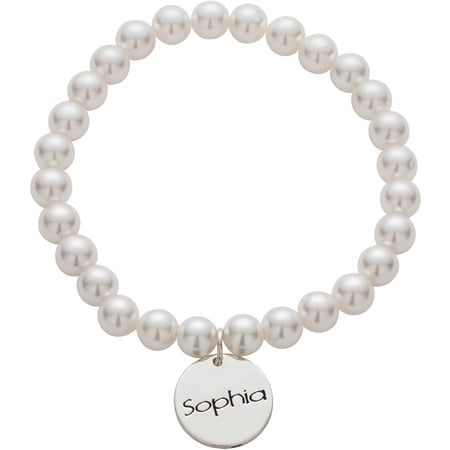 Personalized Planet Girl's Fresh Water Pearl Bracelet with Engravable Name Disc Charm