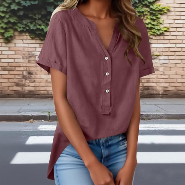TaTaai Summer V Neck Casual Top, Women's Half Button Open Front Design, Linen Inspired Short Sleeve Solid Color Shirt Gift