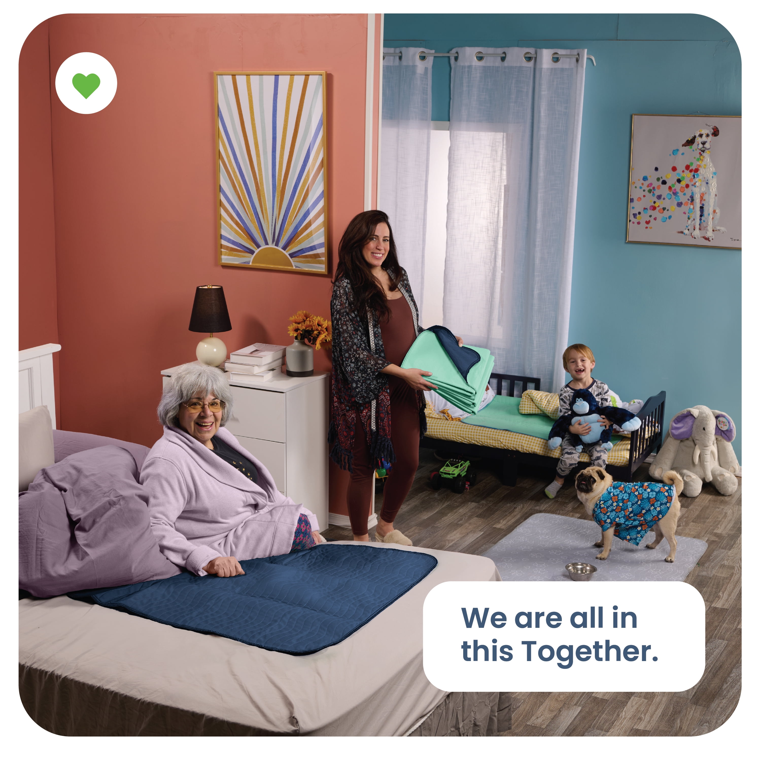 Improvia Washable Bed Pads for Incontinence, Waterproof Reusable, 34 x 52 in, 2-Pack (Navy & Green)