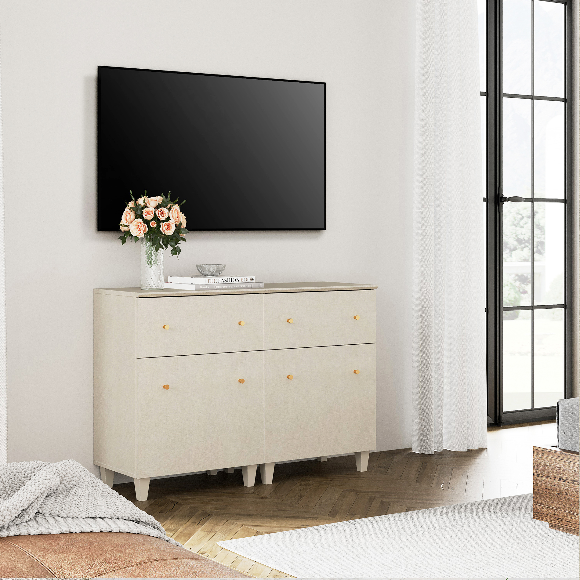 WAMPAT TV Stand Cabinets for 55 Inch Flat Screen, 2-in-1 Modern Highboy Wooden Entertainment Center with 2 Drawers and Shelves, Dark Beige