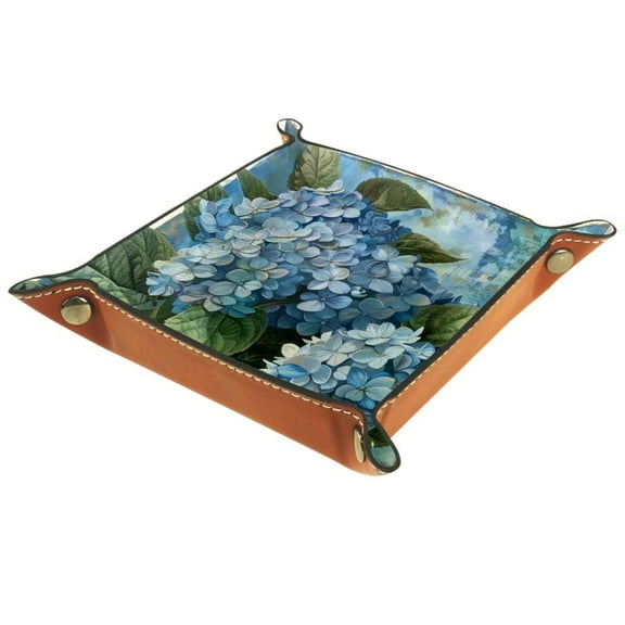 Women Girls Leather Square Dish Trinket Plate Jewelry Tray for Mothers Day Birthday Gift, Vintage Blue Hydrangeas Flowers