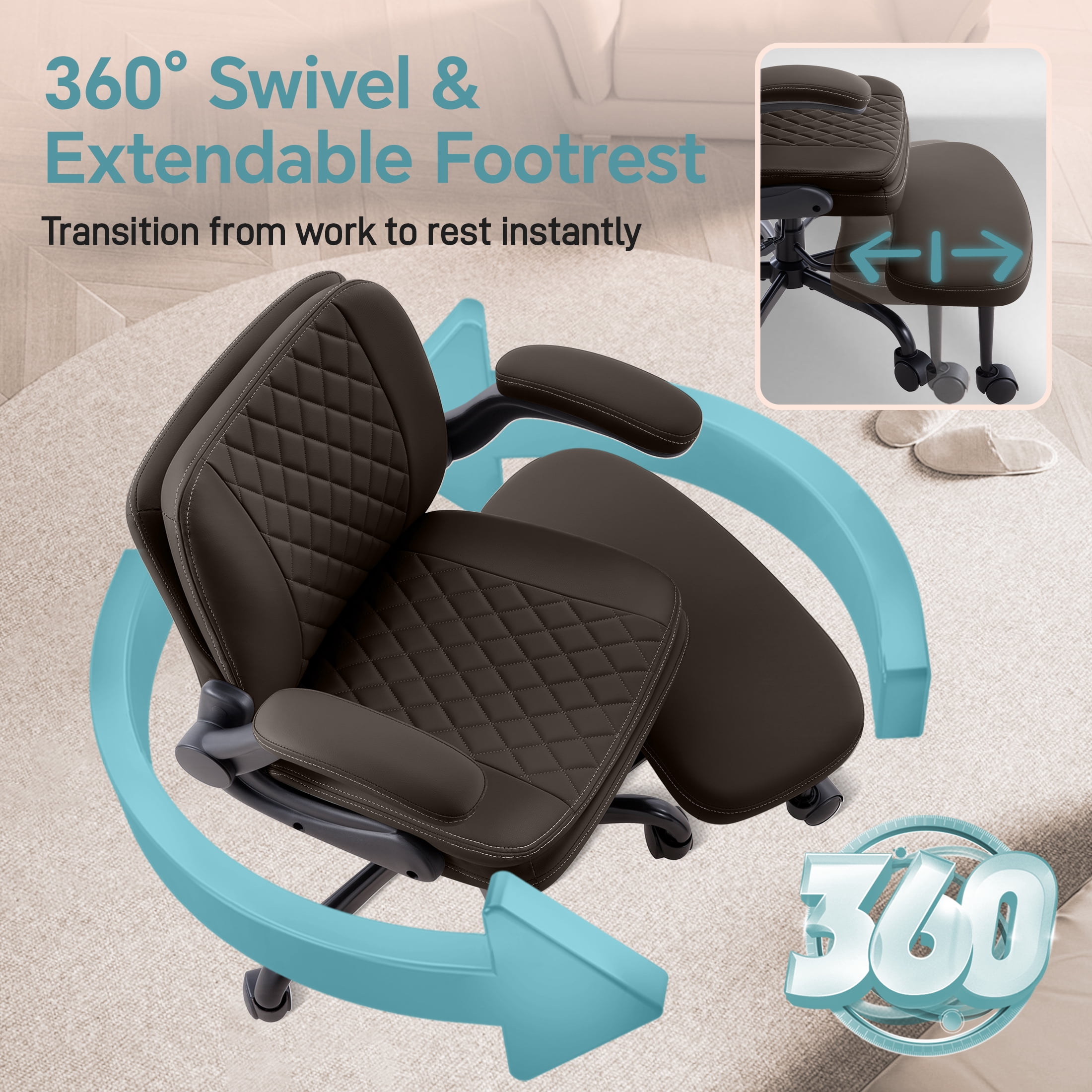 Dhole High Back Ergonomic Office Chair - Adjustable Swivel Chair with Lumbar Support, Flip-Up Arms, Retractable Footrest & Brown Diamond PU Leather for Home Office Desk-Brown