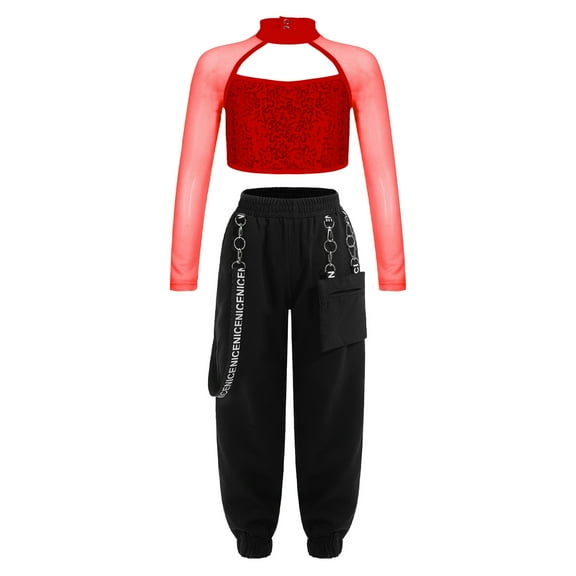 YONGHS Girls Dancewear Outfits Mesh Spliced Long Sleeve Sequin Crop Top with Jogger Pants Set Red 8