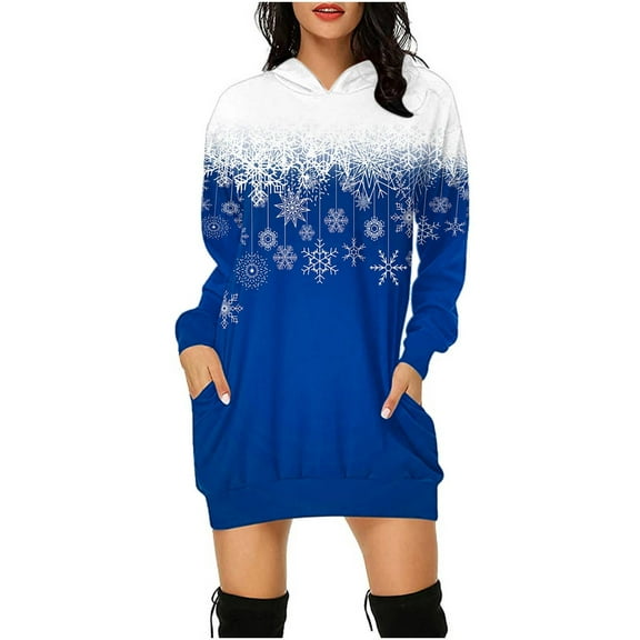 BLTIBY Christmas Sweatshirt Dress for Women Xmas Print Winter Fall Round Neck Soft Casual Long Sleeve Fashion Pullover Dresses Outfit with Pockets 2024 Trendy Blue L