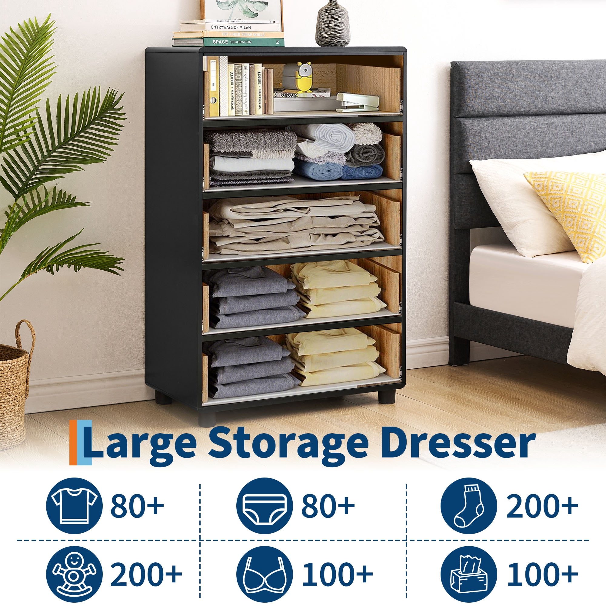 M optimized Modern 5 Drawers Dresser for Bedroom, 46" Tall Dressers & Chests of Drawers w/Curved Profile Design & Vintage Circle Handle, Wood Vertical Dresser for Living Room