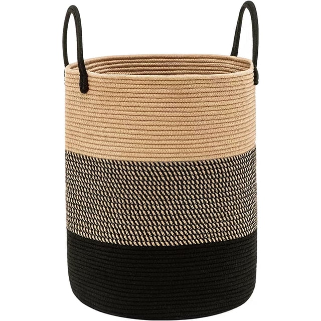 Cesto de cuerda tejida con asas para lavandería, multiusos, cesto para ropa sucia, canasta organizadora (Beige y negro)