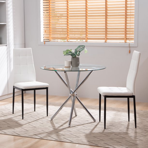 Boowill 3 Piece Dining Table Set for Small Spaces Kitchen Glass Round