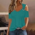 thumbnail image 2 of Olyvenn Sexy Cold Sholuder Tops for Women 2025 Summer Hollow Out Eyelet Short Sleeve Blouse Loose V Neck Tshirt Casual Tunics Blue XL, 2 of 6