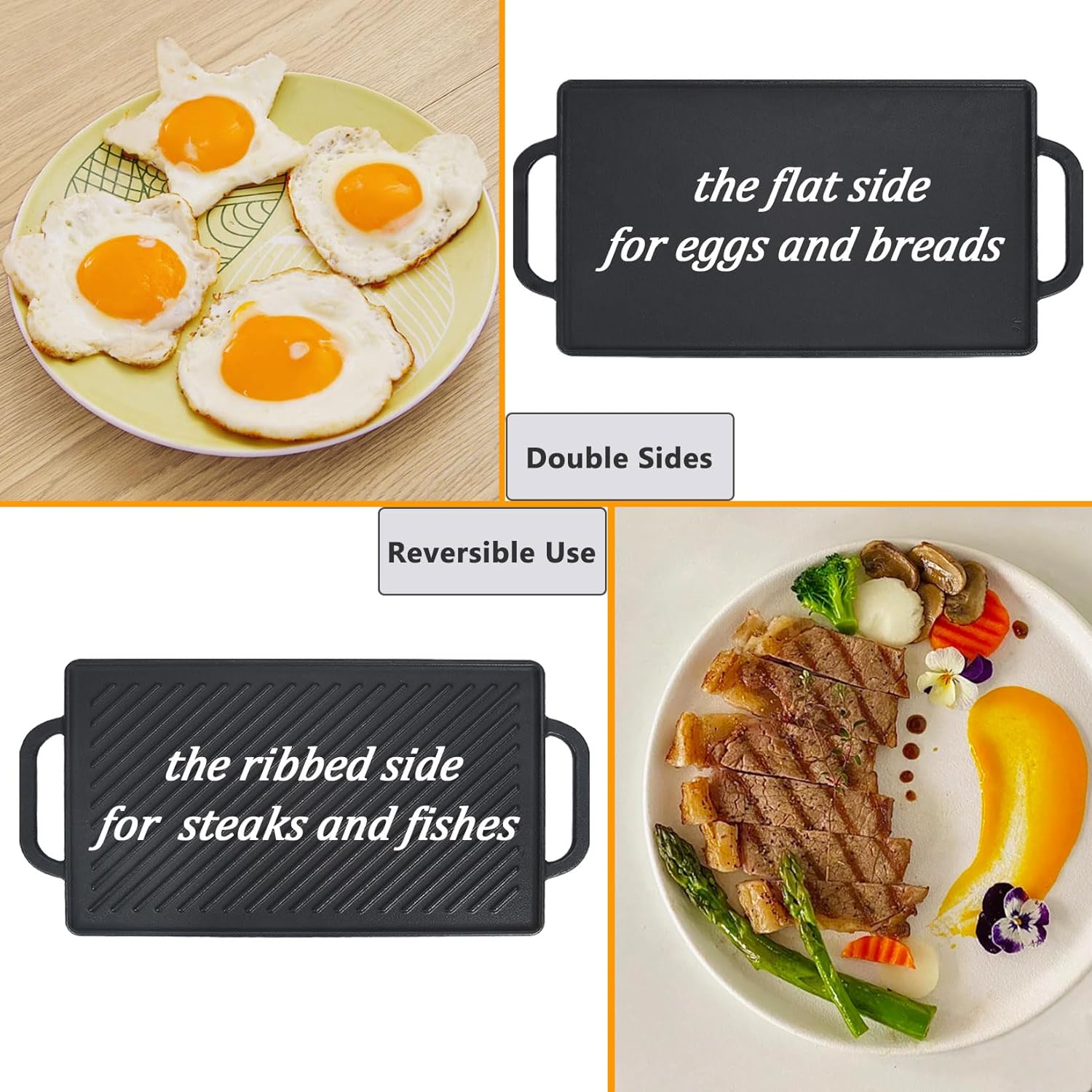 Small Cast Iron Griddle 13x8.25 for Double Burner Stove Top, Reversible Cooking Pan for Gas Grill, Camping & Outdoor Use