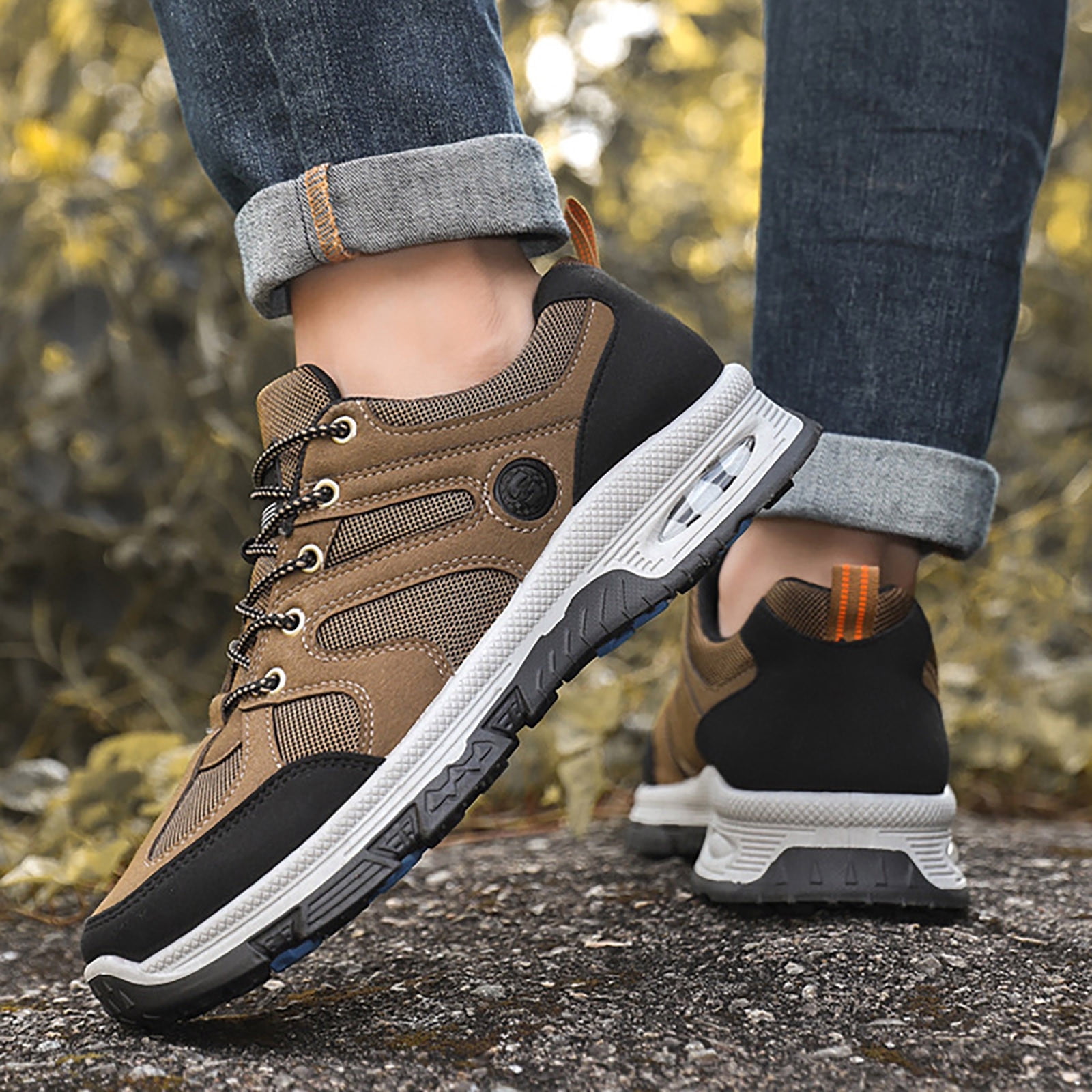 Dakaela Men's Waterproof Hiking Shoes Leather Outdoor Walking Work Sneakers for Camping Trekking Khaki 8