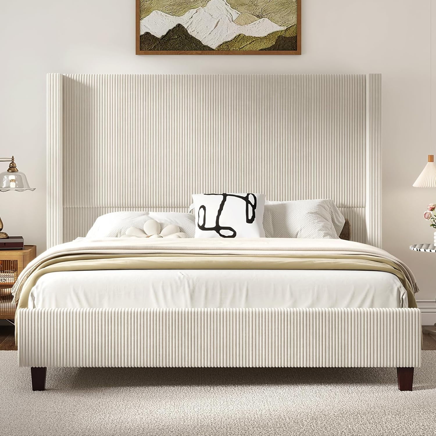 Amerlife King Size Bed Frame, 61" Corduroy Upholstered Platform Bed with Vertical Stripe Wingback Headboard, Solid Wood Slats, Noise-Free, Beige