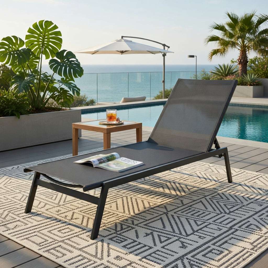Hommoo 6-Position Adjustable Outdoor Chaise Lounge Chair, Rustproof Steel Frame, Breathable Quick-Dry Fabric, for Patio, Poolside & Backyard, Gray