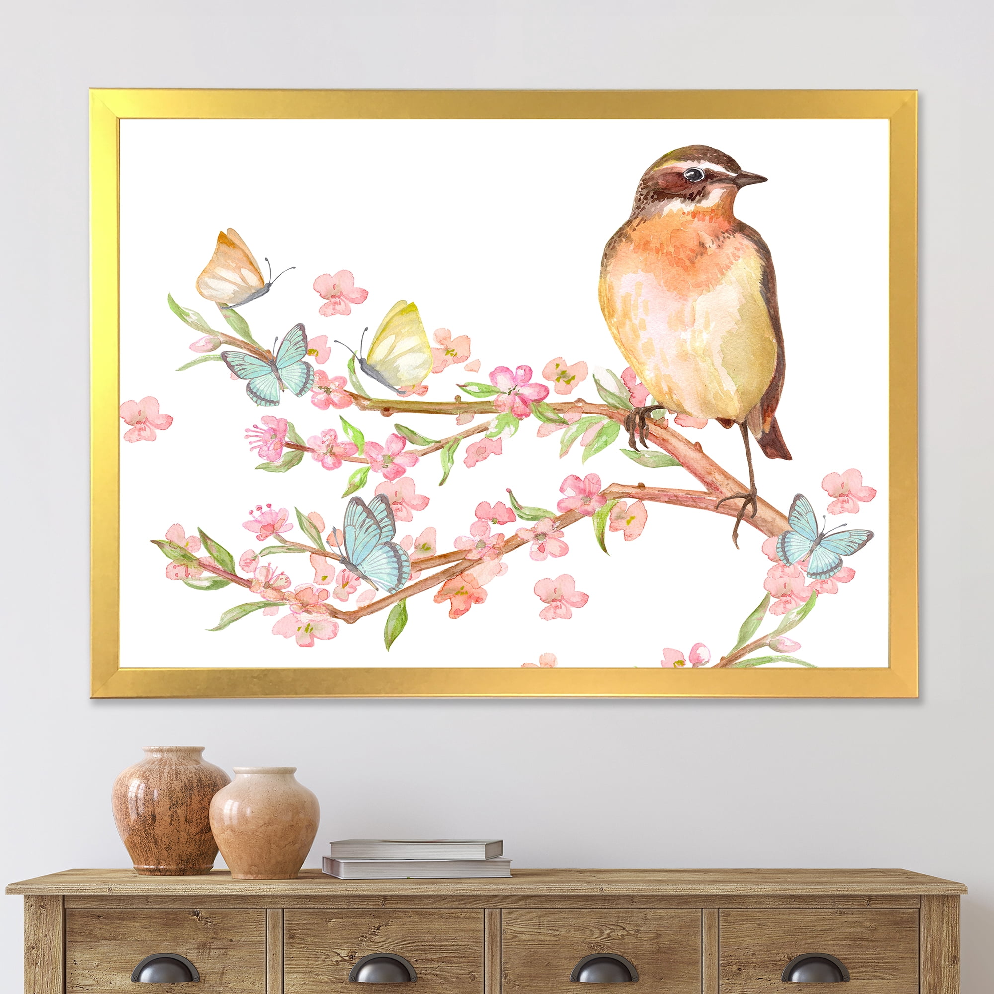 Designart 'Lovely Bird Sitting On Branch of Sakura With Butterflies' Traditional Framed Art Print