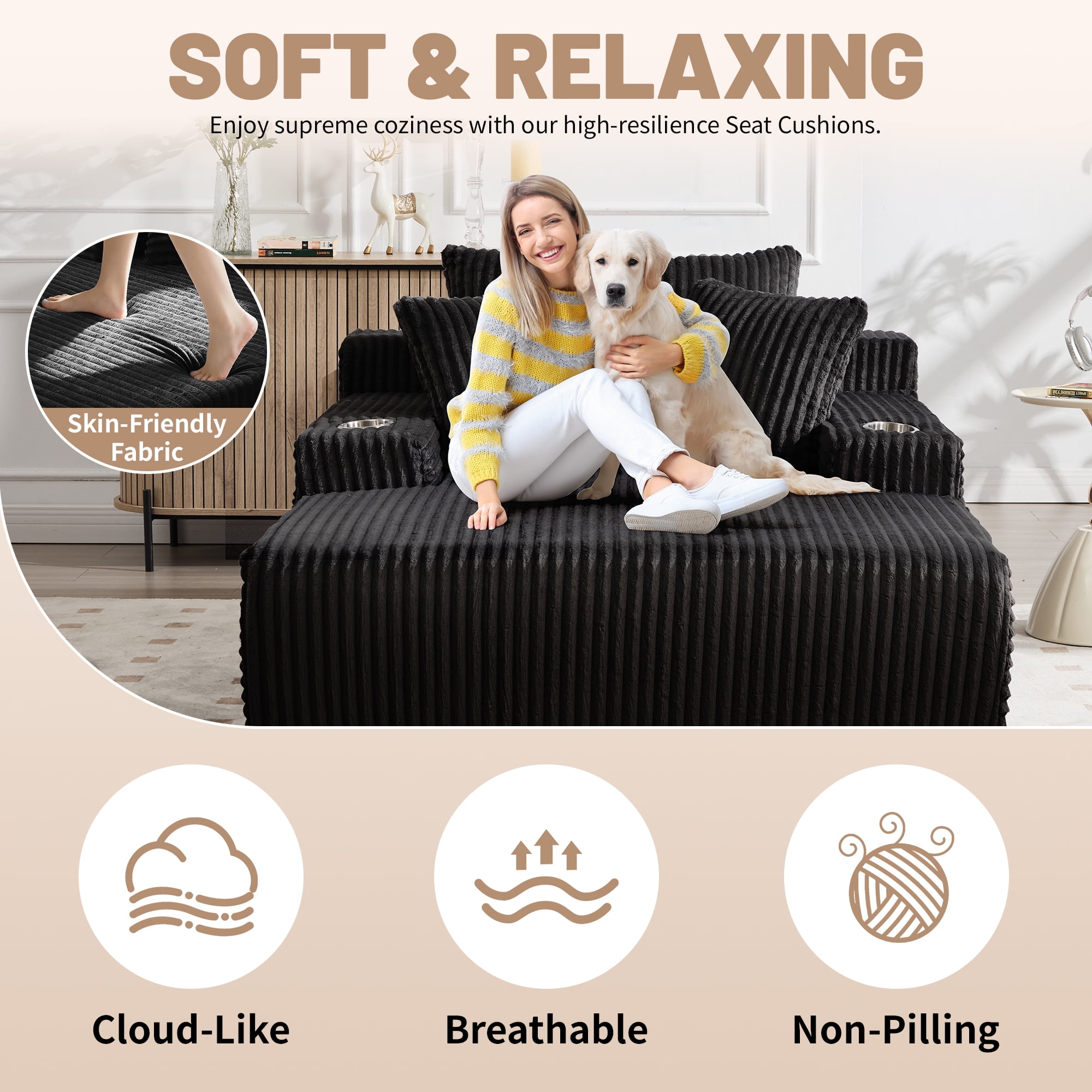 66" Chaise Lounge Chair Indoor, Oversized Corduroy Upholstered Boneless Sofa with USB & Type C, Deep Seat Sleeper Couch Reading Chairs with Pillows, Pre-assembled Corduroy Sofas Couches Living Room