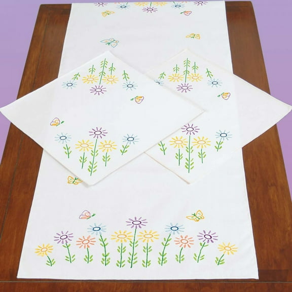 Jack Dempsey Stamped Dresser Scarf & Doilies Perle Edge-Field Of Flowers