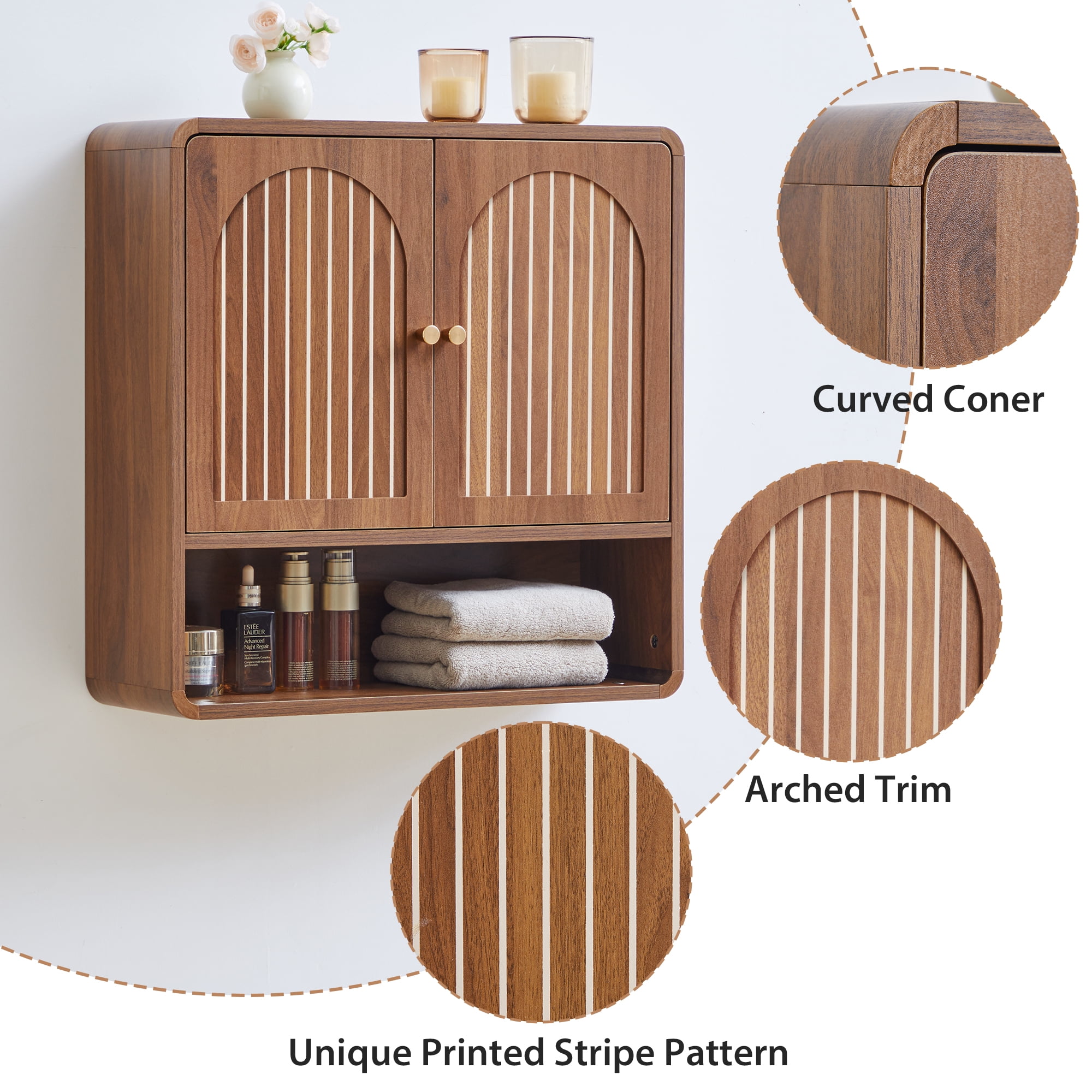 Wirrytor Fluted Wooden Medicine Cabinet Storage, Brown Bathroom Wall Cabinet with 2 Doors Adjustable Shelf and Towels Bar