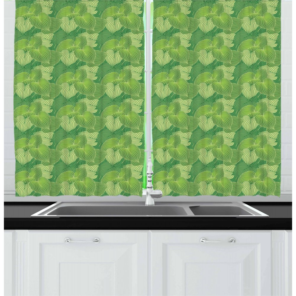 Green Curtains 2 Panels Set, Abstract Hosta Plants Lush ...