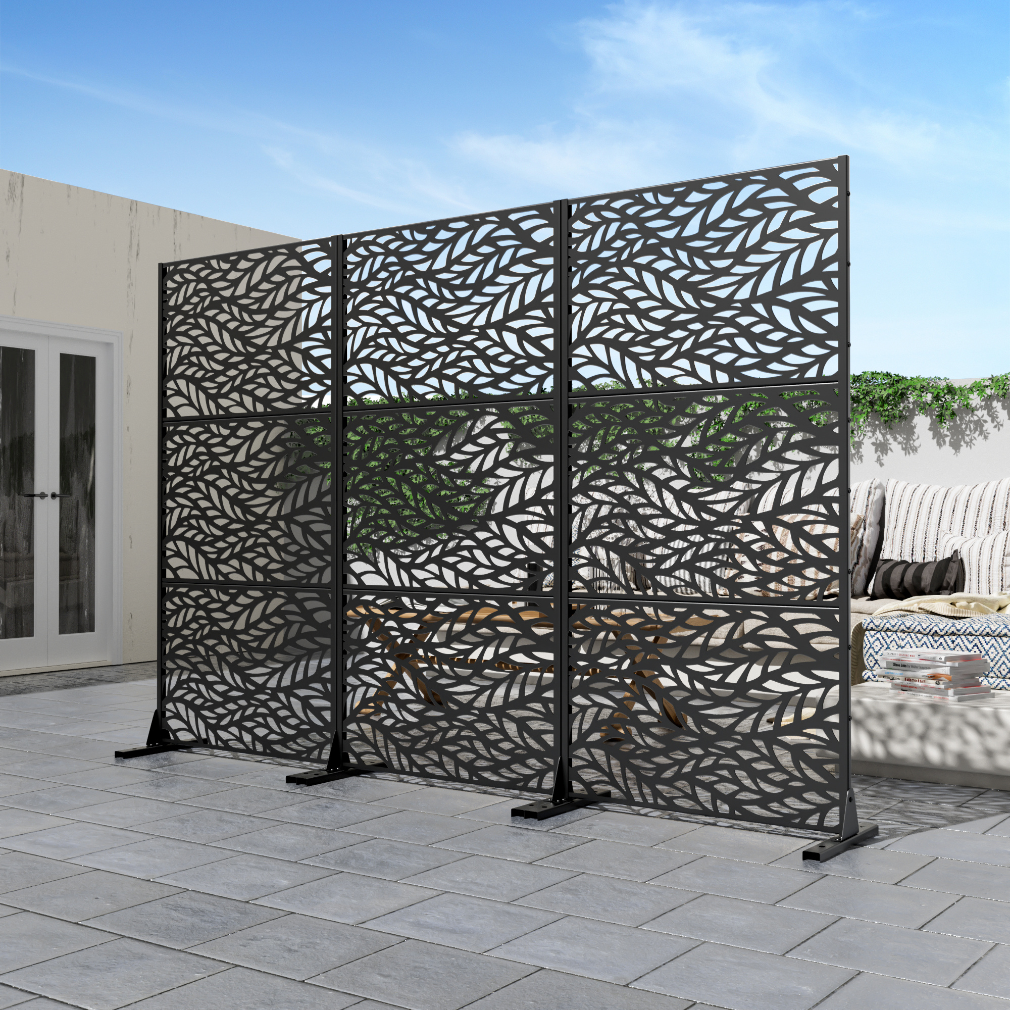 72"x35"x16" Outdoor Privacy Screen with Stand Metal Balcony Decorative Screen,Black