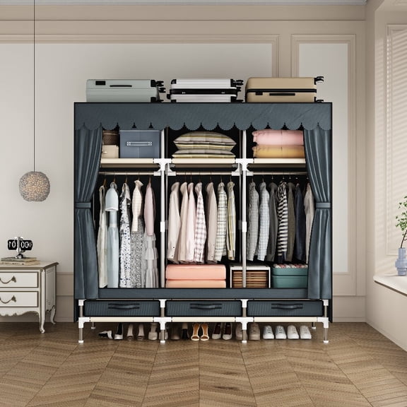 ArluKin Clothes Organizer with 3 Hanging Rod Portable Closet with3 Shelves3 drawers& Cover Closet Organizer Clothes Rack Standing Closet Clothes Storage Wardrobe Garment Cabinet