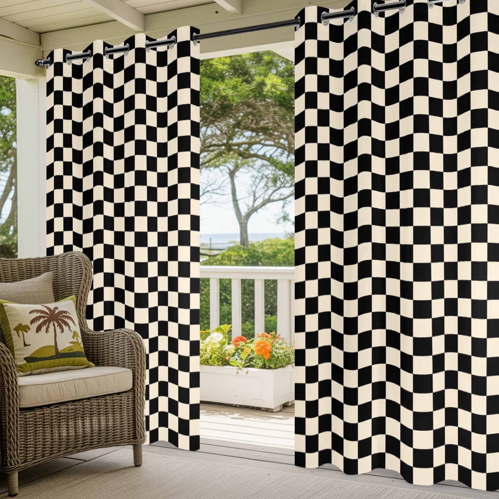 Black Beige Checkered Outdoor Curtains for Patio, Abstract Minimalist Plaid Sunshade Privacy Drapes Grommet Waterproof Outside Curtains for Porch/Cabana/Balcony 54"x 108", 1 Panel