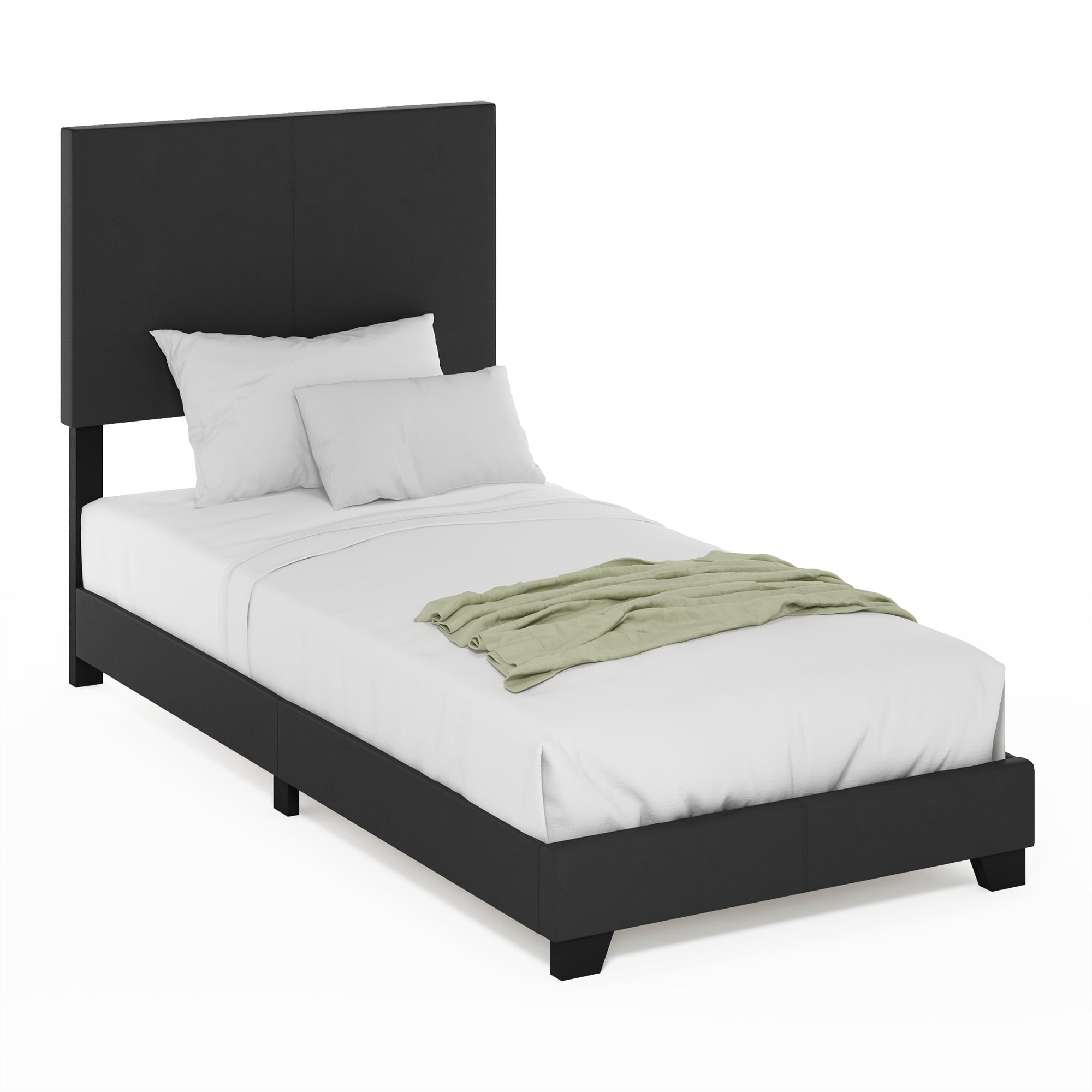 Furinno PESSAC Twin XL Upholstered Bed Frame with PU Leather Headboard and Wooden Slat Support, Black