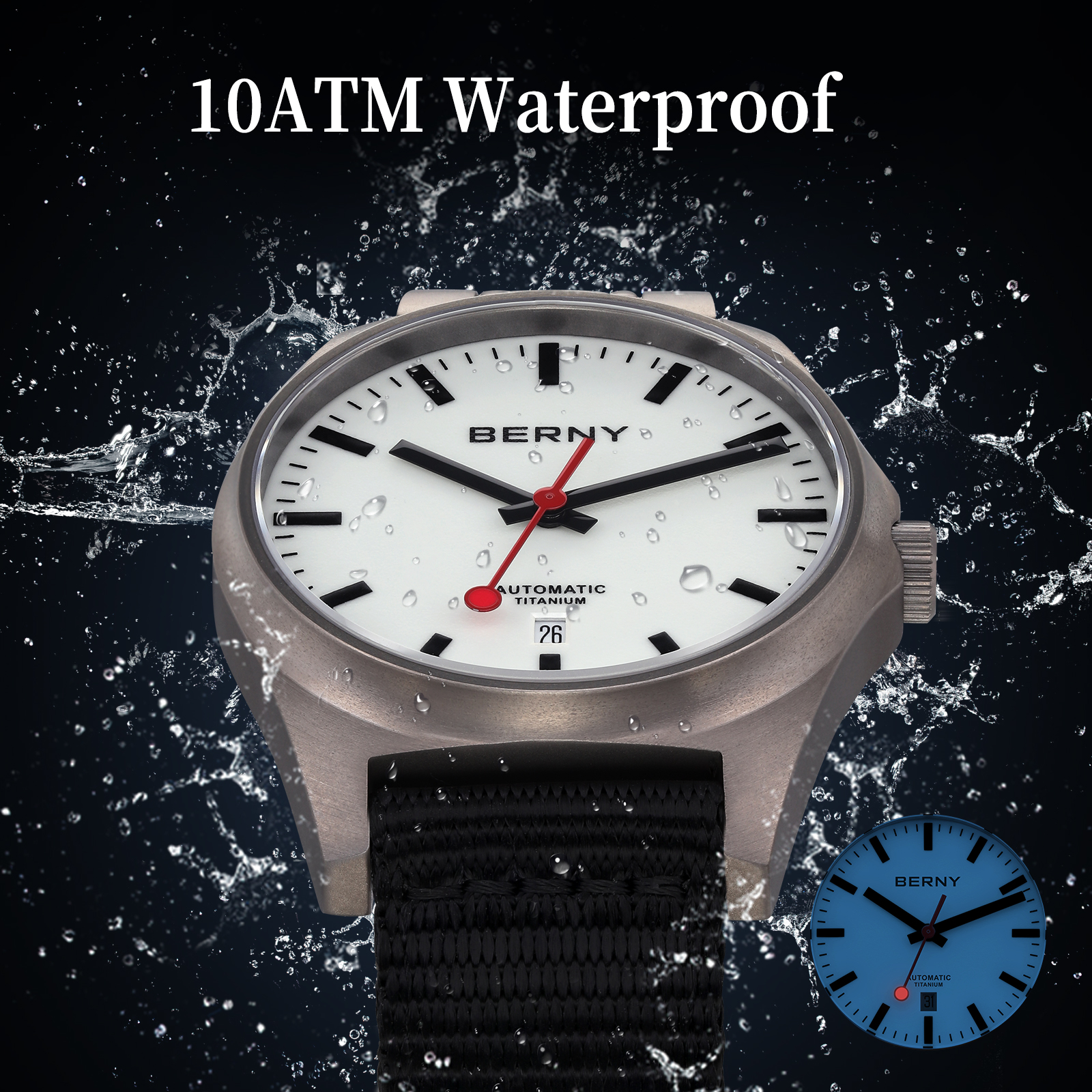 BERNY Automatic Titanium Watches for Men, Sport Casual 10ATM Waterproof Analog Mechanical Watch with Date, Nylon Strap, Super Luminous, Sapphire Crystal, Fashion Minimalist Wrist Watch (White)