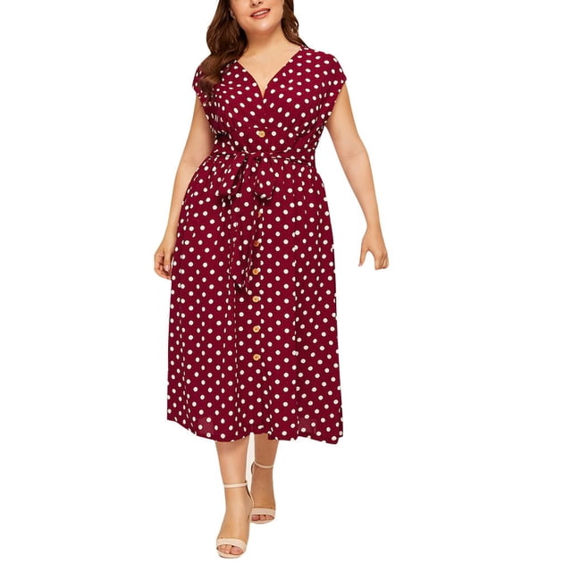 Babysbule Robe pour Femmes Liquidation Robe Décontractée pour Femmes Grande Taille Col en V Sans Manches à Pois Imprimée à Boutons avec Ceinture