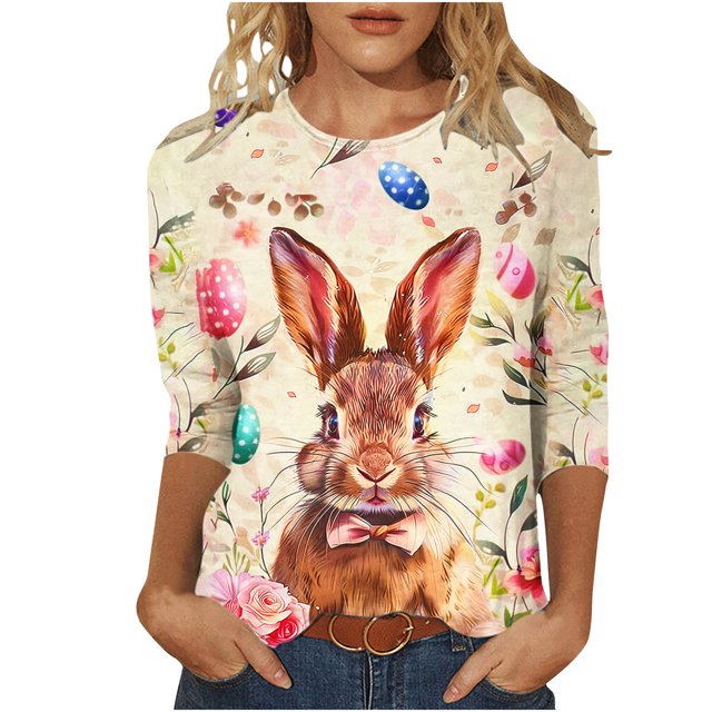 Penkiiy T-shirt Mode Femme Imprimé Ufs de Pâques Fleur Manches 3/4 Col Rond Décontracté Multicolore