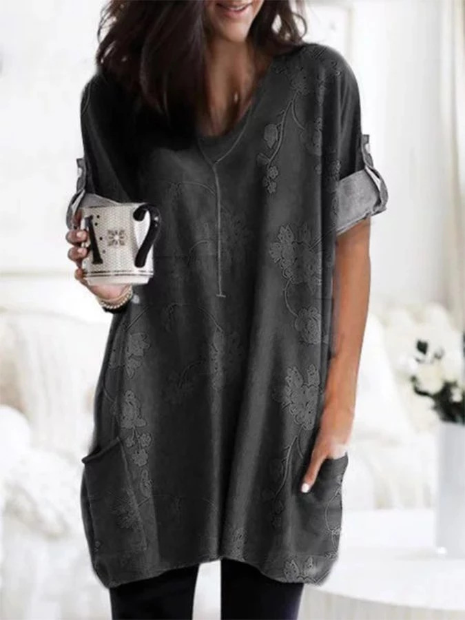 Women's Wear New Printed Leisure Two Side Pockets VNeck LongSleeved T