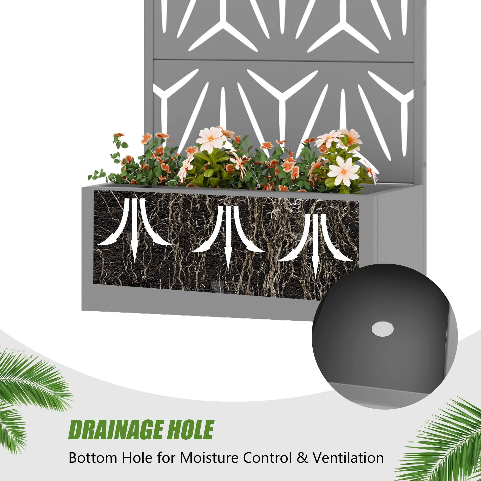 MAYEERTY 59X30" Metal Outdoor Gray Privacy Screen with Planter Box for Backyard & Garden, 4 Piece Set