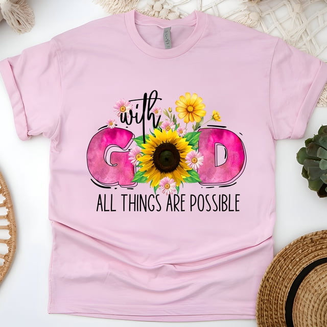 With God All Things Are Possible Sunflower Christian T-Shirt, Light Pink, Size S
