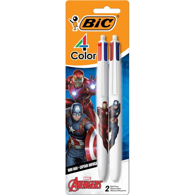 BIC 4 Color Retractable Ballpoint Pen with Marvel's Avengers Characters, Wide Barrel for Comfort, 2-Count in Assorted Ink-(Multicolor)