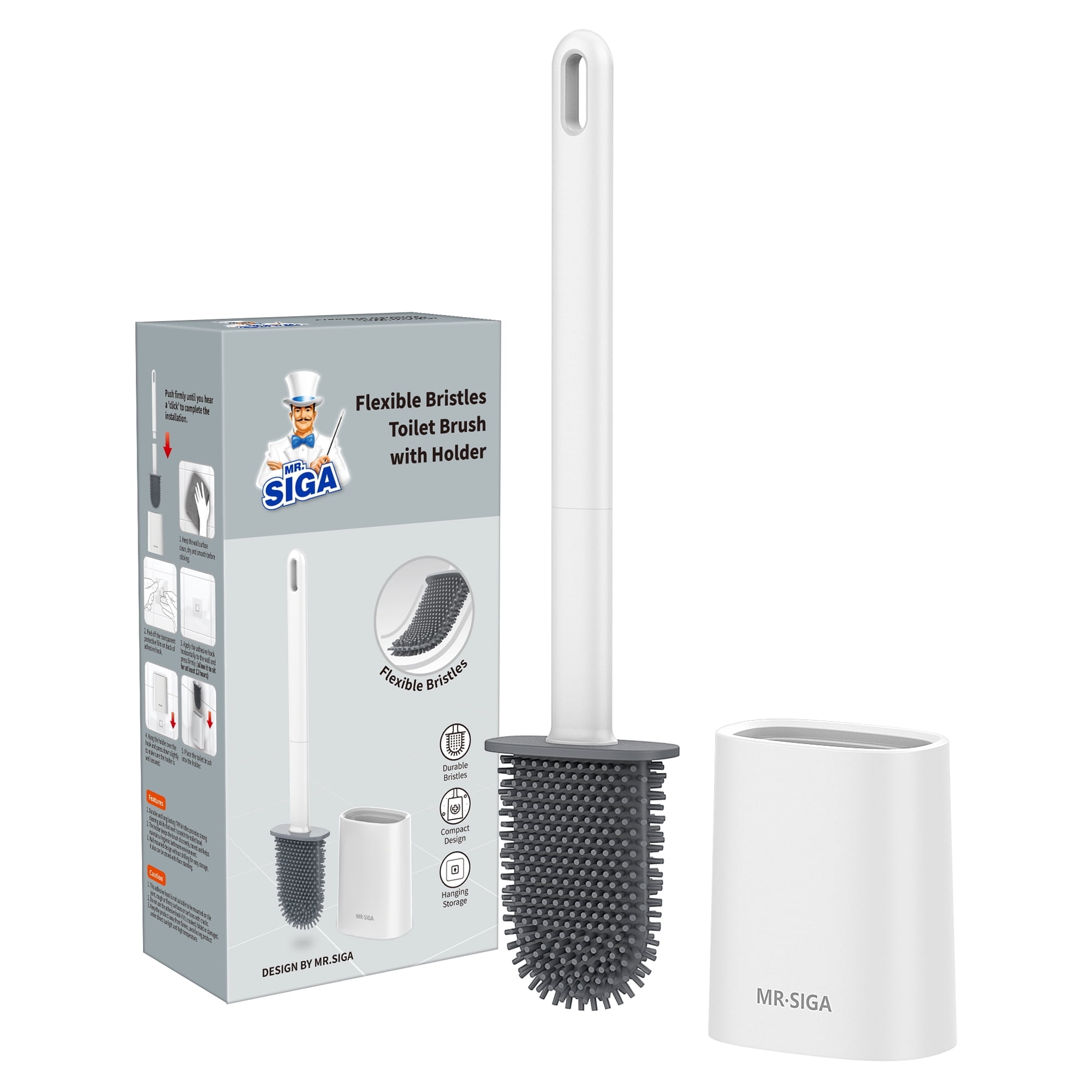 MR.SIGA Toilet Bowl Brush and Holder White 15.8 Inch Handle